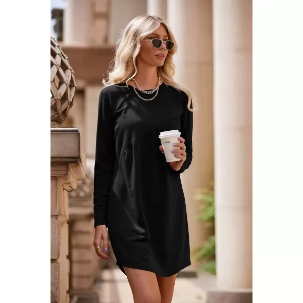 imagePRETTYGARDEN Womens Long Sleeve Mini Tunic Dress Casual Crewneck Loose Flowy Shift Ruched DressesBlack