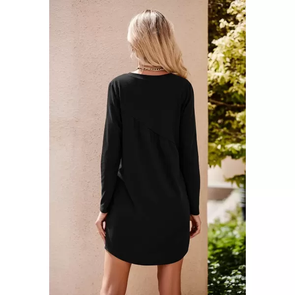 imagePRETTYGARDEN Womens Long Sleeve Mini Tunic Dress Casual Crewneck Loose Flowy Shift Ruched DressesBlack
