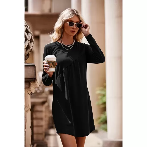 imagePRETTYGARDEN Womens Long Sleeve Mini Tunic Dress Casual Crewneck Loose Flowy Shift Ruched DressesBlack