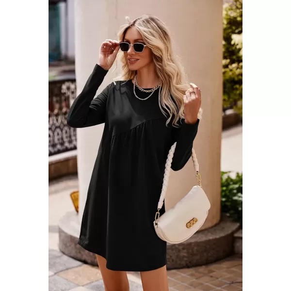 imagePRETTYGARDEN Womens Long Sleeve Mini Tunic Dress Casual Crewneck Loose Flowy Shift Ruched DressesBlack