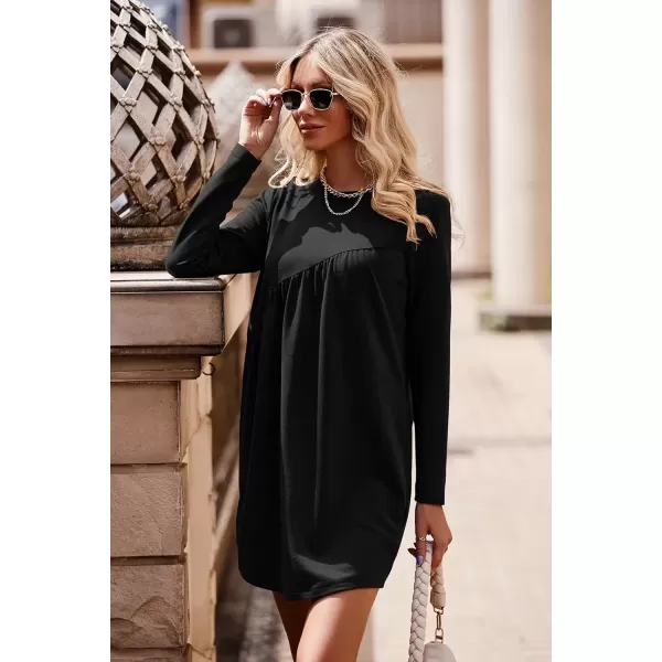 imagePRETTYGARDEN Womens Long Sleeve Mini Tunic Dress Casual Crewneck Loose Flowy Shift Ruched DressesBlack