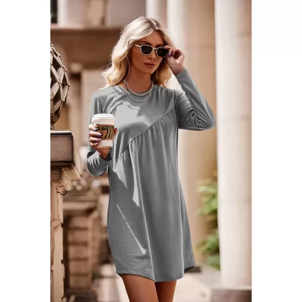 imagePRETTYGARDEN Womens Long Sleeve Mini Tunic Dress Casual Crewneck Loose Flowy Shift Ruched DressesGrey
