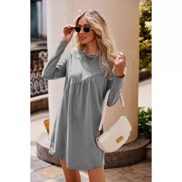 imagePRETTYGARDEN Womens Long Sleeve Mini Tunic Dress Casual Crewneck Loose Flowy Shift Ruched DressesGrey