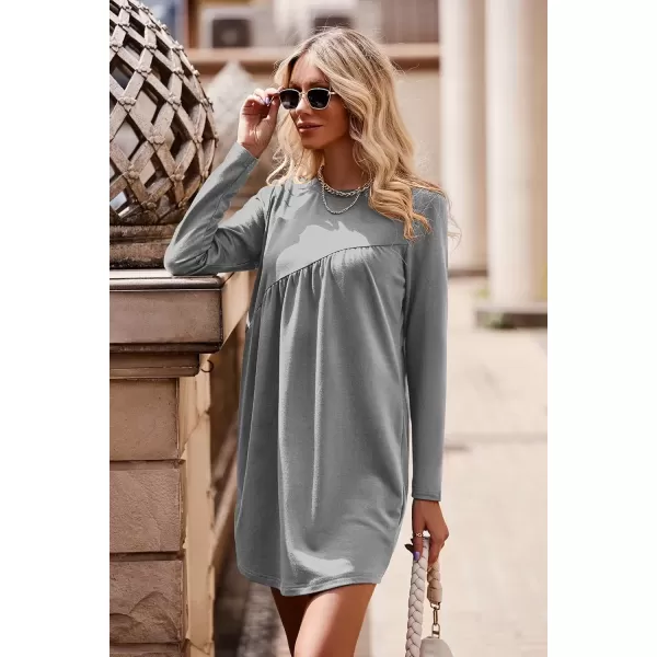 imagePRETTYGARDEN Womens Long Sleeve Mini Tunic Dress Casual Crewneck Loose Flowy Shift Ruched DressesGrey