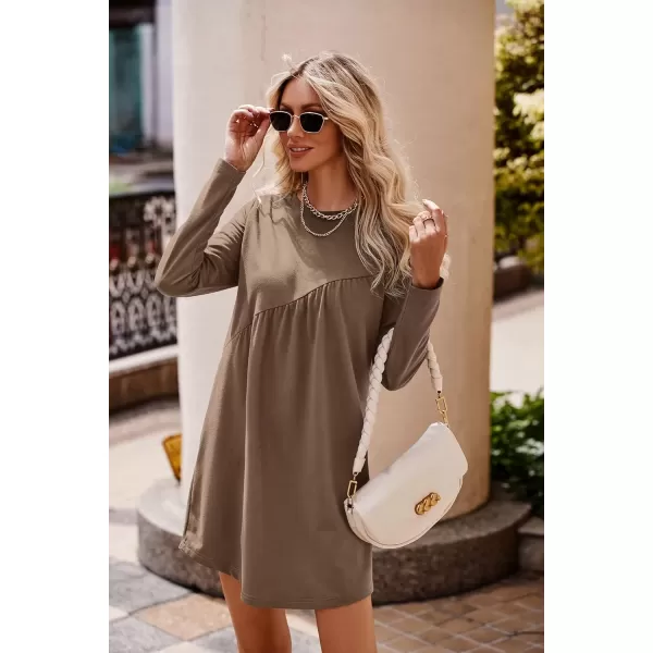 imagePRETTYGARDEN Womens Long Sleeve Mini Tunic Dress Casual Crewneck Loose Flowy Shift Ruched DressesKhaki