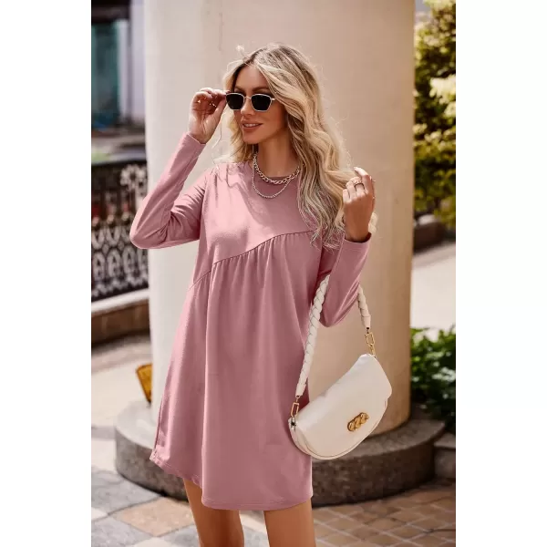 imagePRETTYGARDEN Womens Long Sleeve Mini Tunic Dress Casual Crewneck Loose Flowy Shift Ruched DressesPink