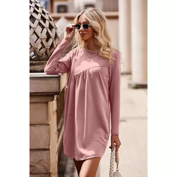 imagePRETTYGARDEN Womens Long Sleeve Mini Tunic Dress Casual Crewneck Loose Flowy Shift Ruched DressesPink