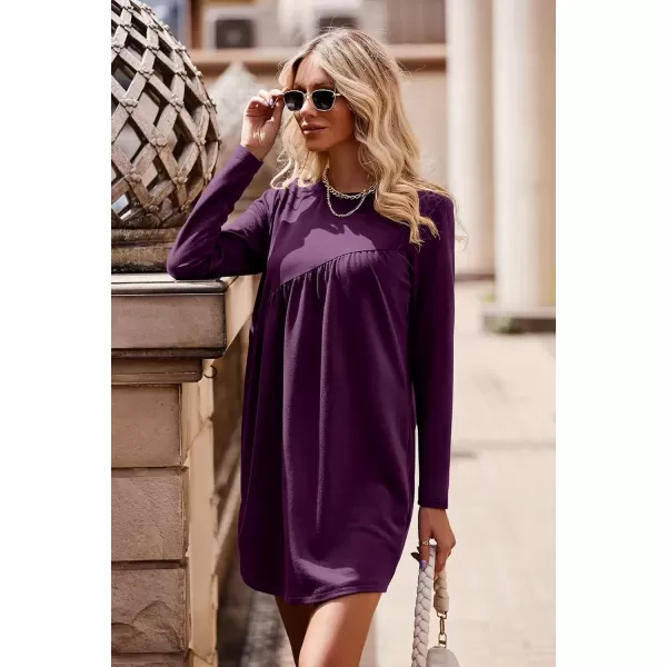 imagePRETTYGARDEN Womens Long Sleeve Mini Tunic Dress Casual Crewneck Loose Flowy Shift Ruched DressesPurple