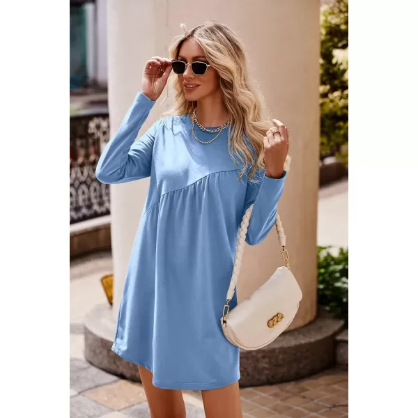 imagePRETTYGARDEN Womens Long Sleeve Mini Tunic Dress Casual Crewneck Loose Flowy Shift Ruched DressesSky Blue
