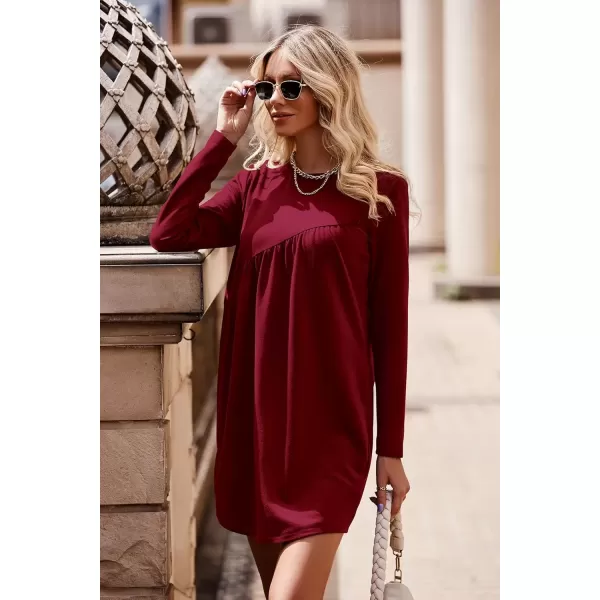 imagePRETTYGARDEN Womens Long Sleeve Mini Tunic Dress Casual Crewneck Loose Flowy Shift Ruched DressesWine Red