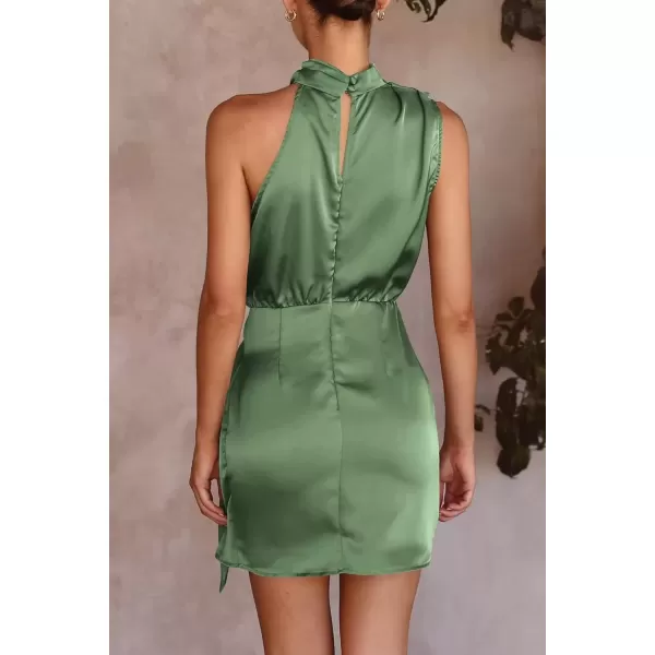 imagePRETTYGARDEN Womens Short Formal Satin Dress Summer Sleeveless Mock Neck Tie Waist Cocktail Party DressesArmy Green
