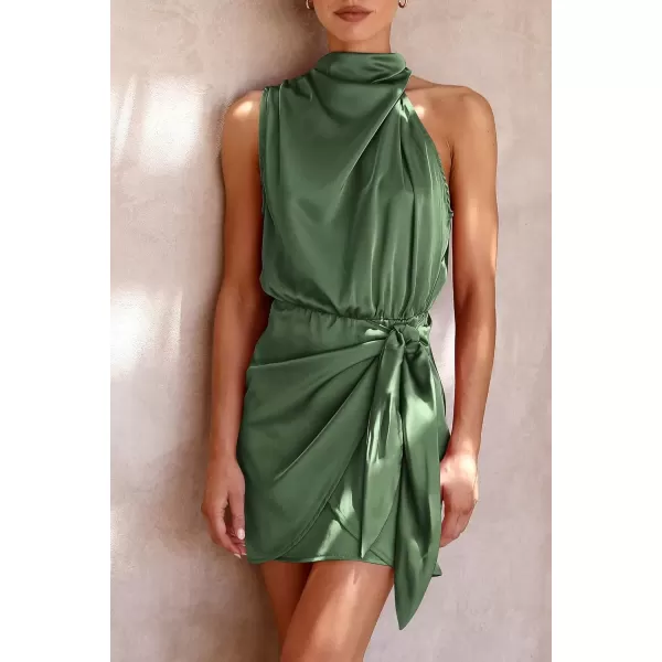 imagePRETTYGARDEN Womens Short Formal Satin Dress Summer Sleeveless Mock Neck Tie Waist Cocktail Party DressesArmy Green