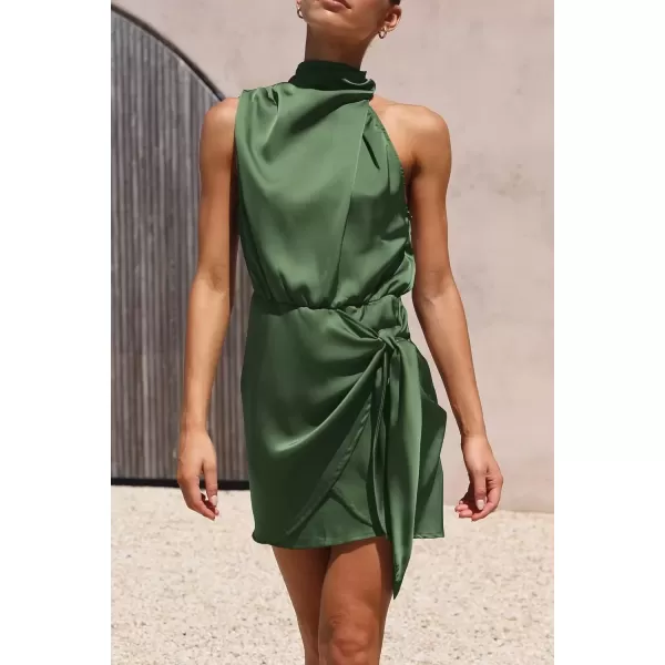 imagePRETTYGARDEN Womens Short Formal Satin Dress Summer Sleeveless Mock Neck Tie Waist Cocktail Party DressesArmy Green