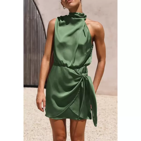 imagePRETTYGARDEN Womens Short Formal Satin Dress Summer Sleeveless Mock Neck Tie Waist Cocktail Party DressesArmy Green