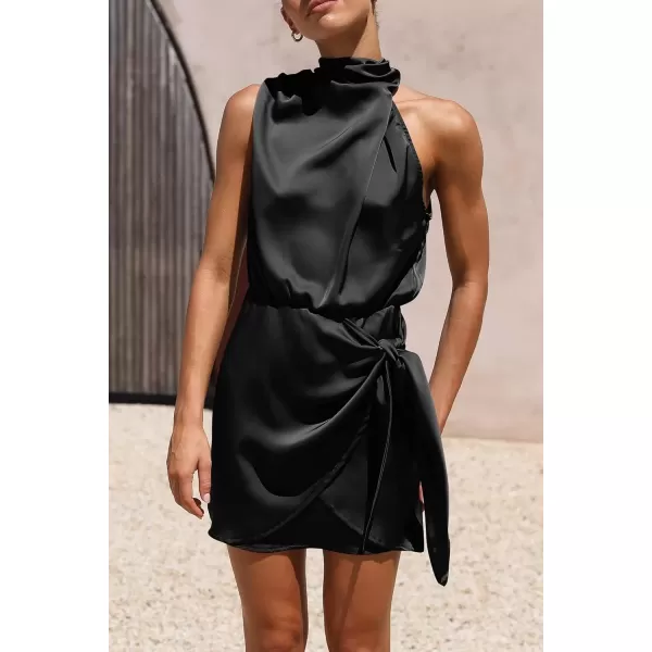 imagePRETTYGARDEN Womens Short Formal Satin Dress Summer Sleeveless Mock Neck Tie Waist Cocktail Party DressesBlack