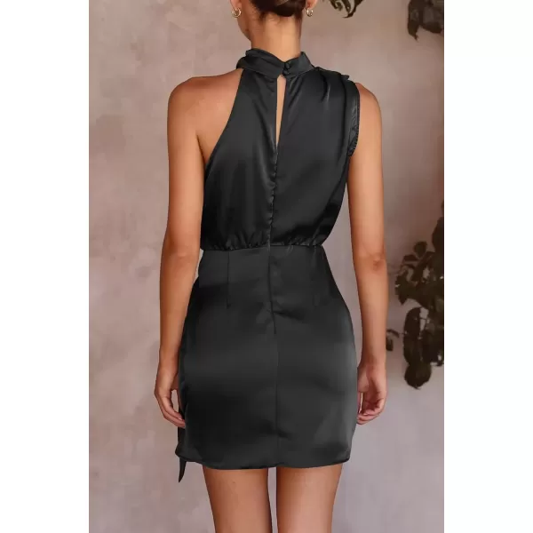 imagePRETTYGARDEN Womens Short Formal Satin Dress Summer Sleeveless Mock Neck Tie Waist Cocktail Party DressesBlack