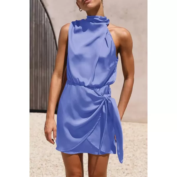 imagePRETTYGARDEN Womens Short Formal Satin Dress Summer Sleeveless Mock Neck Tie Waist Cocktail Party DressesBlue