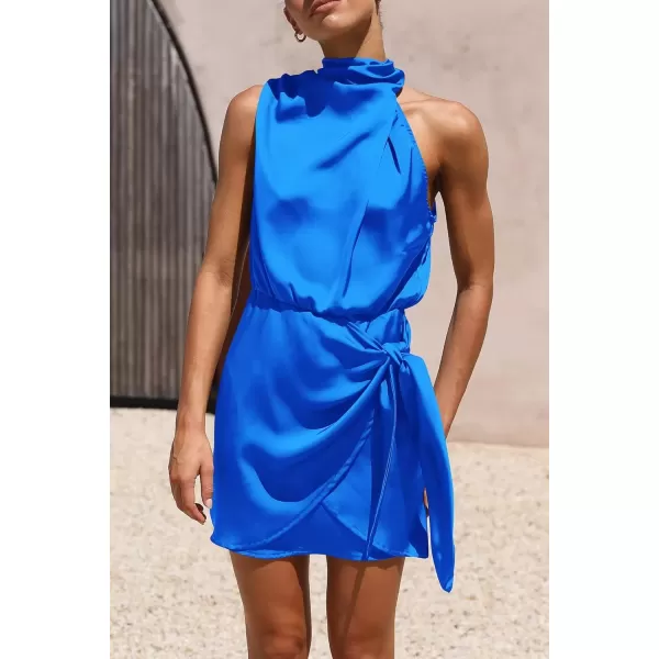 imagePRETTYGARDEN Womens Short Formal Satin Dress Summer Sleeveless Mock Neck Tie Waist Cocktail Party DressesBrilliant Blue