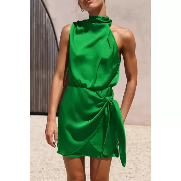 imagePRETTYGARDEN Womens Short Formal Satin Dress Summer Sleeveless Mock Neck Tie Waist Cocktail Party DressesBrilliant Green