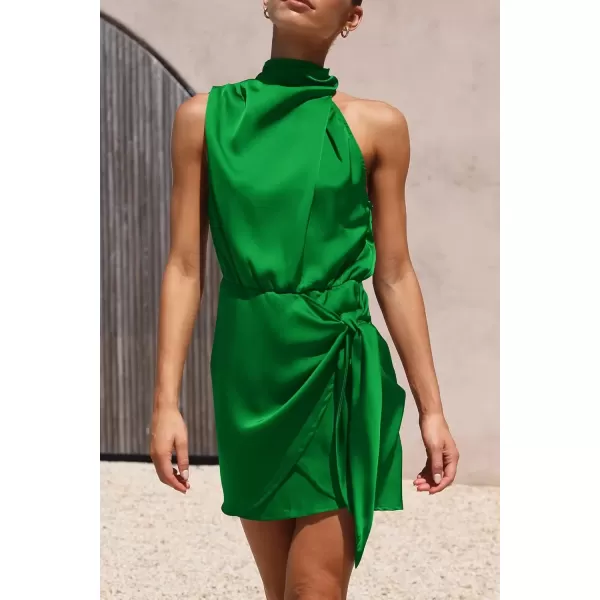 imagePRETTYGARDEN Womens Short Formal Satin Dress Summer Sleeveless Mock Neck Tie Waist Cocktail Party DressesBrilliant Green