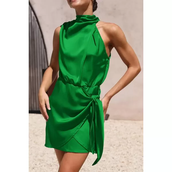 imagePRETTYGARDEN Womens Short Formal Satin Dress Summer Sleeveless Mock Neck Tie Waist Cocktail Party DressesBrilliant Green