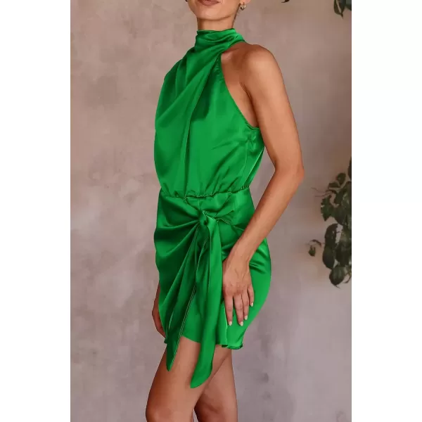 imagePRETTYGARDEN Womens Short Formal Satin Dress Summer Sleeveless Mock Neck Tie Waist Cocktail Party DressesBrilliant Green