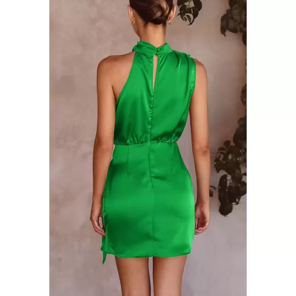 imagePRETTYGARDEN Womens Short Formal Satin Dress Summer Sleeveless Mock Neck Tie Waist Cocktail Party DressesBrilliant Green