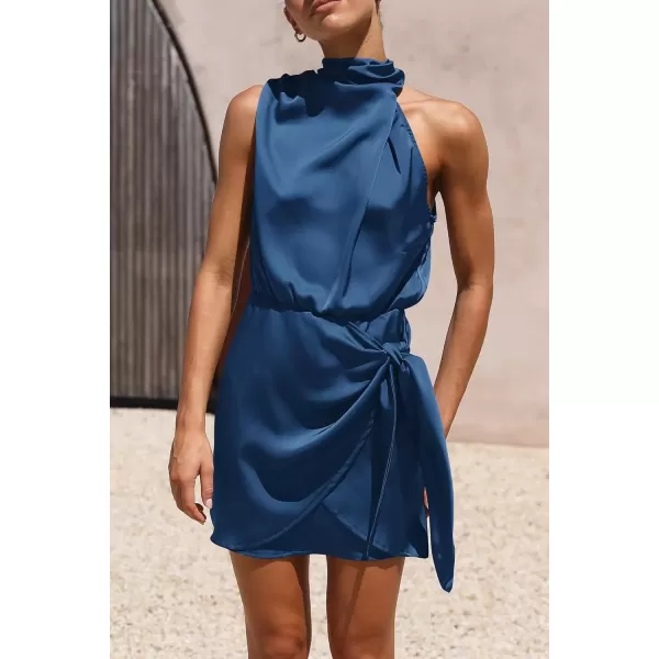 imagePRETTYGARDEN Womens Short Formal Satin Dress Summer Sleeveless Mock Neck Tie Waist Cocktail Party DressesDark Blue