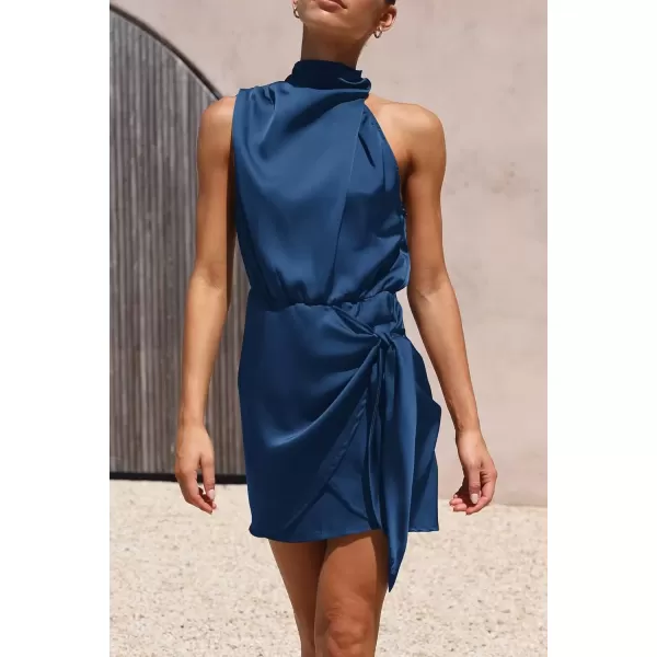 imagePRETTYGARDEN Womens Short Formal Satin Dress Summer Sleeveless Mock Neck Tie Waist Cocktail Party DressesDark Blue