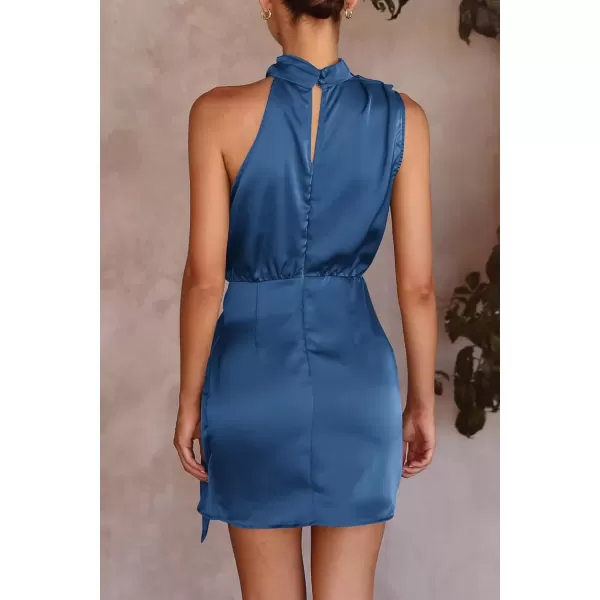 imagePRETTYGARDEN Womens Short Formal Satin Dress Summer Sleeveless Mock Neck Tie Waist Cocktail Party DressesDark Blue