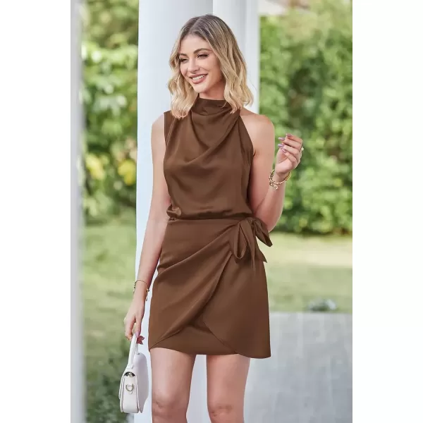 imagePRETTYGARDEN Womens Short Formal Satin Dress Summer Sleeveless Mock Neck Tie Waist Cocktail Party DressesDark Brown
