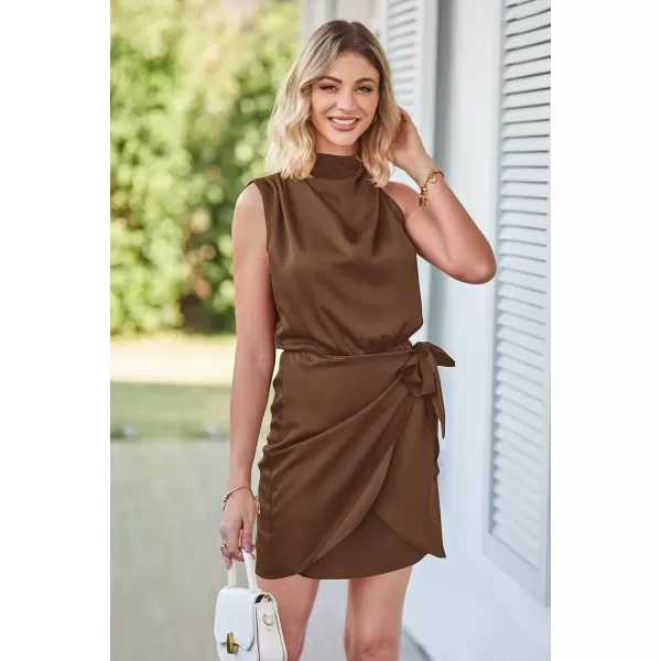 imagePRETTYGARDEN Womens Short Formal Satin Dress Summer Sleeveless Mock Neck Tie Waist Cocktail Party DressesDark Brown