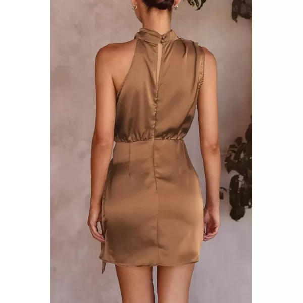 imagePRETTYGARDEN Womens Short Formal Satin Dress Summer Sleeveless Mock Neck Tie Waist Cocktail Party DressesDark Brown