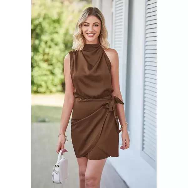 imagePRETTYGARDEN Womens Short Formal Satin Dress Summer Sleeveless Mock Neck Tie Waist Cocktail Party DressesDark Brown