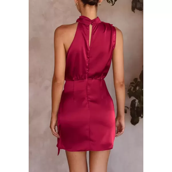 imagePRETTYGARDEN Womens Short Formal Satin Dress Summer Sleeveless Mock Neck Tie Waist Cocktail Party DressesDeep Red