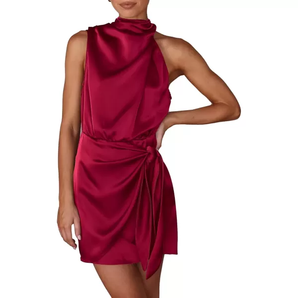imagePRETTYGARDEN Womens Short Formal Satin Dress Summer Sleeveless Mock Neck Tie Waist Cocktail Party DressesDeep Red