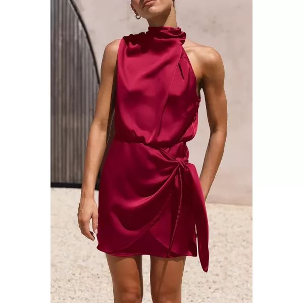imagePRETTYGARDEN Womens Short Formal Satin Dress Summer Sleeveless Mock Neck Tie Waist Cocktail Party DressesDeep Red