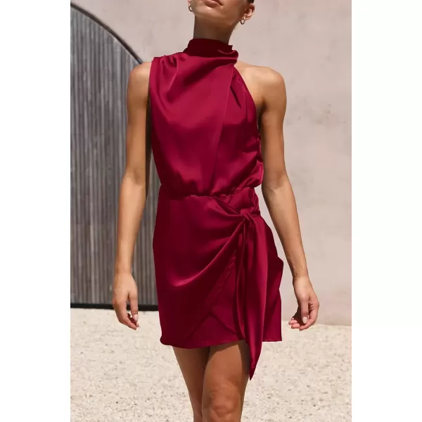 imagePRETTYGARDEN Womens Short Formal Satin Dress Summer Sleeveless Mock Neck Tie Waist Cocktail Party DressesDeep Red
