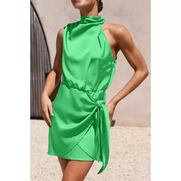 imagePRETTYGARDEN Womens Short Formal Satin Dress Summer Sleeveless Mock Neck Tie Waist Cocktail Party DressesGrass Green