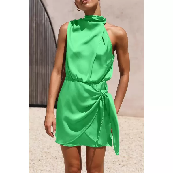 imagePRETTYGARDEN Womens Short Formal Satin Dress Summer Sleeveless Mock Neck Tie Waist Cocktail Party DressesGrass Green