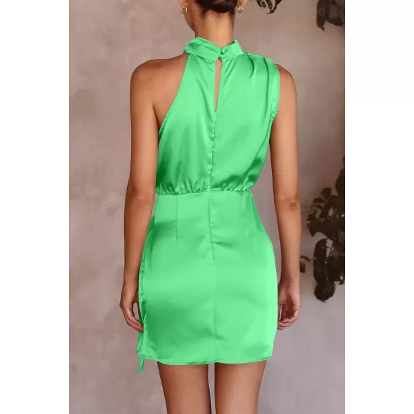 imagePRETTYGARDEN Womens Short Formal Satin Dress Summer Sleeveless Mock Neck Tie Waist Cocktail Party DressesGrass Green