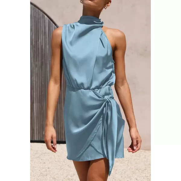 imagePRETTYGARDEN Womens Short Formal Satin Dress Summer Sleeveless Mock Neck Tie Waist Cocktail Party DressesLight Blue