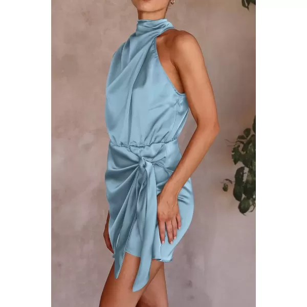 imagePRETTYGARDEN Womens Short Formal Satin Dress Summer Sleeveless Mock Neck Tie Waist Cocktail Party DressesLight Blue