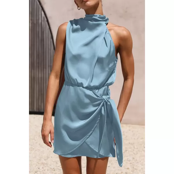 imagePRETTYGARDEN Womens Short Formal Satin Dress Summer Sleeveless Mock Neck Tie Waist Cocktail Party DressesLight Blue