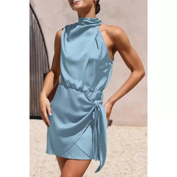 imagePRETTYGARDEN Womens Short Formal Satin Dress Summer Sleeveless Mock Neck Tie Waist Cocktail Party DressesLight Blue