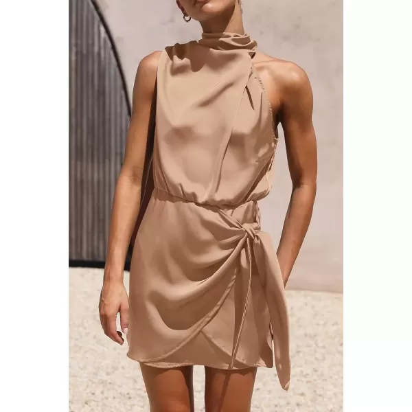 imagePRETTYGARDEN Womens Short Formal Satin Dress Summer Sleeveless Mock Neck Tie Waist Cocktail Party DressesLight Khaki