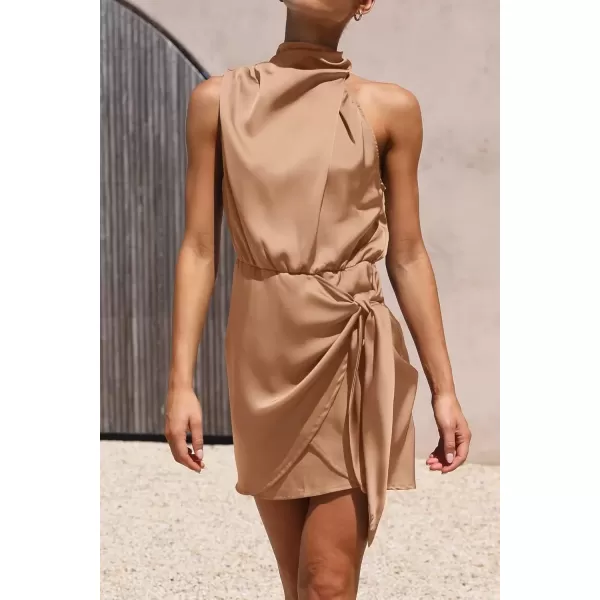imagePRETTYGARDEN Womens Short Formal Satin Dress Summer Sleeveless Mock Neck Tie Waist Cocktail Party DressesLight Khaki