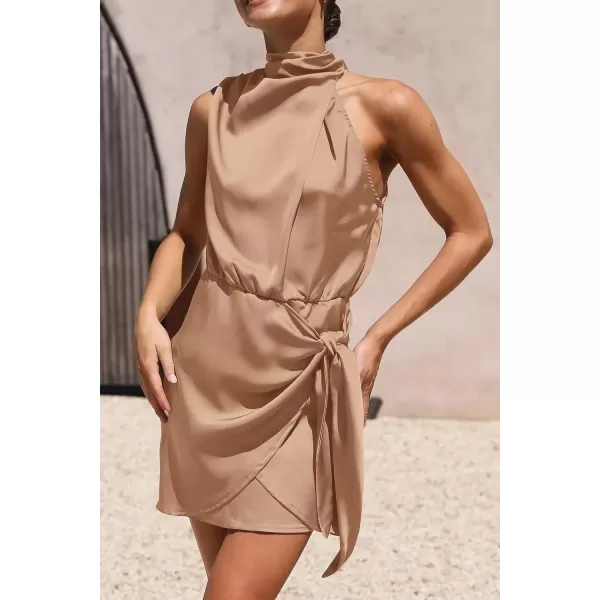 imagePRETTYGARDEN Womens Short Formal Satin Dress Summer Sleeveless Mock Neck Tie Waist Cocktail Party DressesLight Khaki