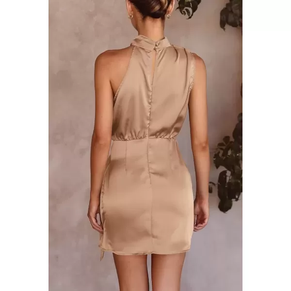imagePRETTYGARDEN Womens Short Formal Satin Dress Summer Sleeveless Mock Neck Tie Waist Cocktail Party DressesLight Khaki