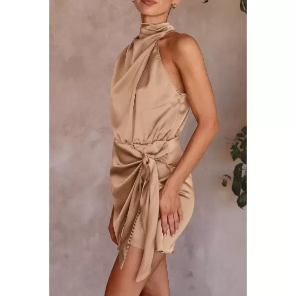 imagePRETTYGARDEN Womens Short Formal Satin Dress Summer Sleeveless Mock Neck Tie Waist Cocktail Party DressesLight Khaki